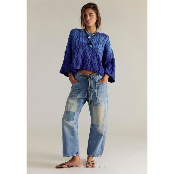 EUC Free People We The Free Moxie Pull-On Barrel Jeans Size 31 Truest Blue $148 - Picture 1 of 7